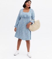 New Look Curves Blue Ditsy Floral Square Neck Mini Dress